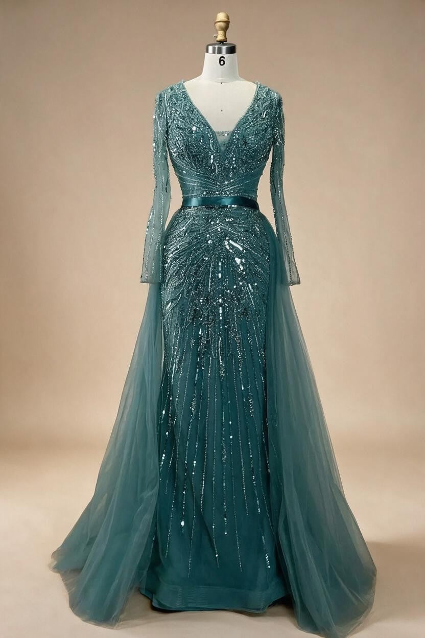 Customized Turquoise Long Sleeves Mermaid Beaded Evening Dresses Overskirt Party Gowns For Women DLA72239A | Nightbubo