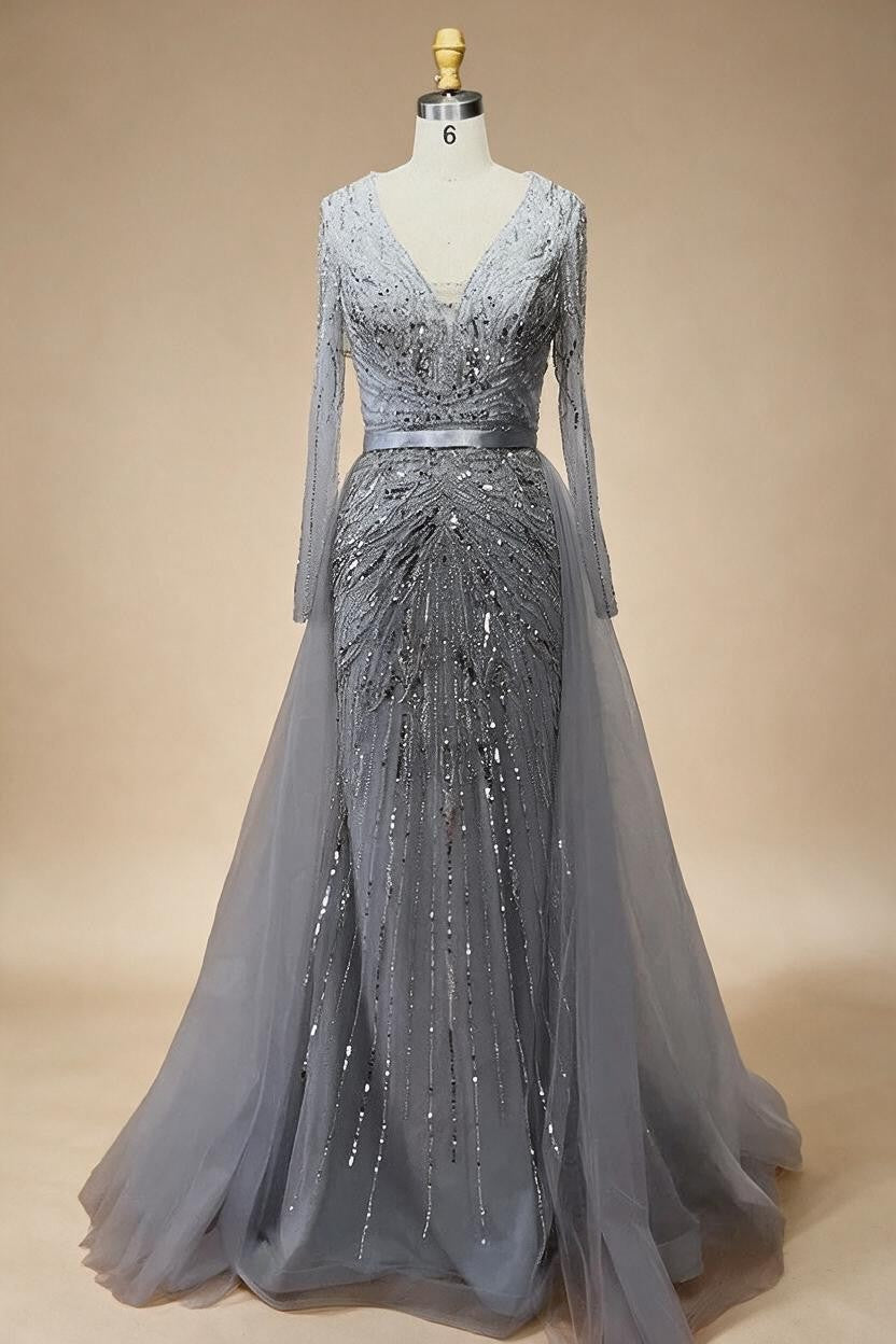 Customized Turquoise Long Sleeves Mermaid Beaded Evening Dresses Overskirt Party Gowns For Women DLA72239A | Nightbubo