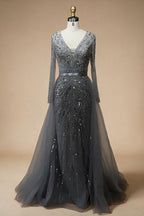 Customized Turquoise Long Sleeves Mermaid Beaded Evening Dresses Overskirt Party Gowns For Women DLA72239A | Nightbubo