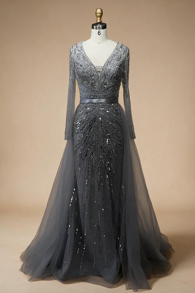 Customized Turquoise Long Sleeves Mermaid Beaded Evening Dresses Overskirt Party Gowns For Women DLA72239A | Nightbubo