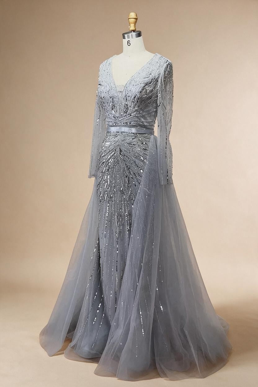 Customized Turquoise Long Sleeves Mermaid Beaded Evening Dresses Overskirt Party Gowns For Women DLA72239A | Nightbubo