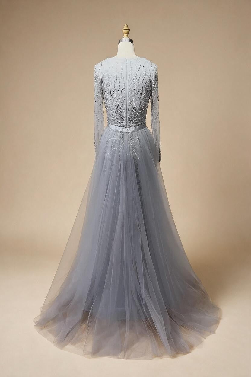 Customized Turquoise Long Sleeves Mermaid Beaded Evening Dresses Overskirt Party Gowns For Women DLA72239A | Nightbubo