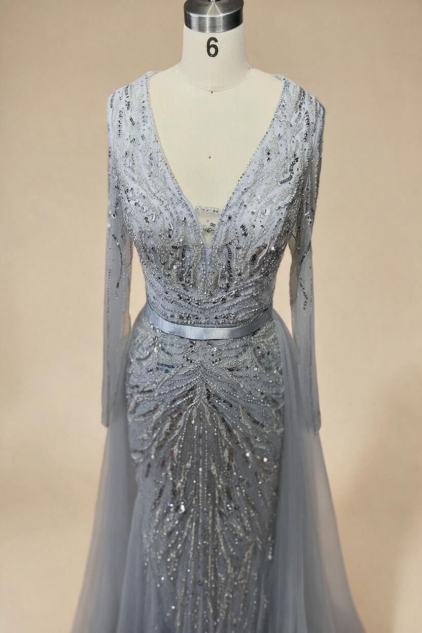 Customized Turquoise Long Sleeves Mermaid Beaded Evening Dresses Overskirt Party Gowns For Women DLA72239A | Nightbubo