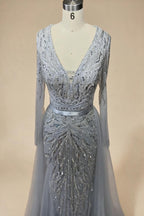 Customized Turquoise Long Sleeves Mermaid Beaded Evening Dresses Overskirt Party Gowns For Women DLA72239A | Nightbubo