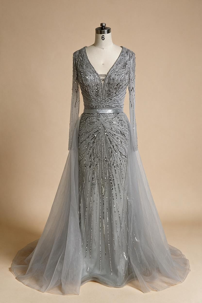 Customized Turquoise Long Sleeves Mermaid Beaded Evening Dresses Overskirt Party Gowns For Women DLA72239A | Nightbubo