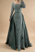 Turquoise Square Collar Mermaid Beaded Evening Dress Overskirt Party Gowns with Long Sleeves Customized DLA72533A | Nightbubo