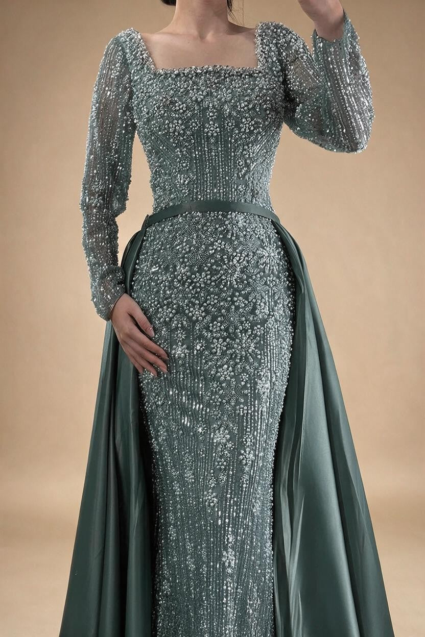Turquoise Square Collar Mermaid Beaded Evening Dress Overskirt Party Gowns with Long Sleeves Customized DLA72533A | Nightbubo