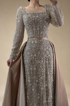 Turquoise Square Collar Mermaid Beaded Evening Dress Overskirt Party Gowns with Long Sleeves Customized DLA72533A | Nightbubo