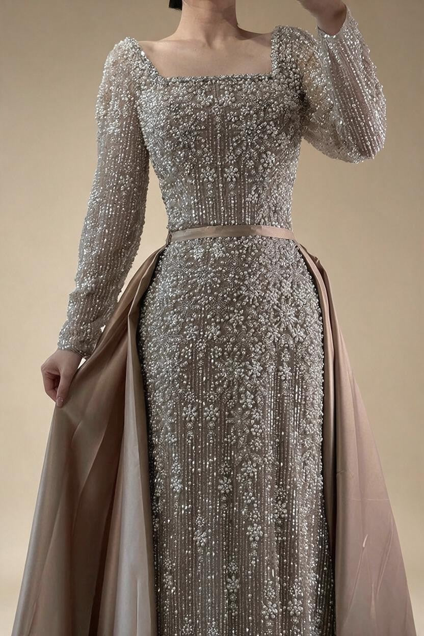 Turquoise Square Collar Mermaid Beaded Evening Dress Overskirt Party Gowns with Long Sleeves Customized DLA72533A | Nightbubo