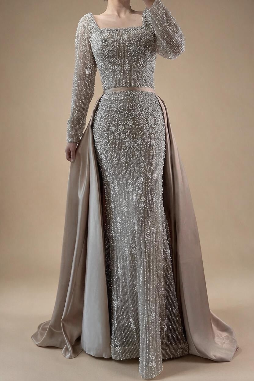 Turquoise Square Collar Mermaid Beaded Evening Dress Overskirt Party Gowns with Long Sleeves Customized DLA72533A | Nightbubo