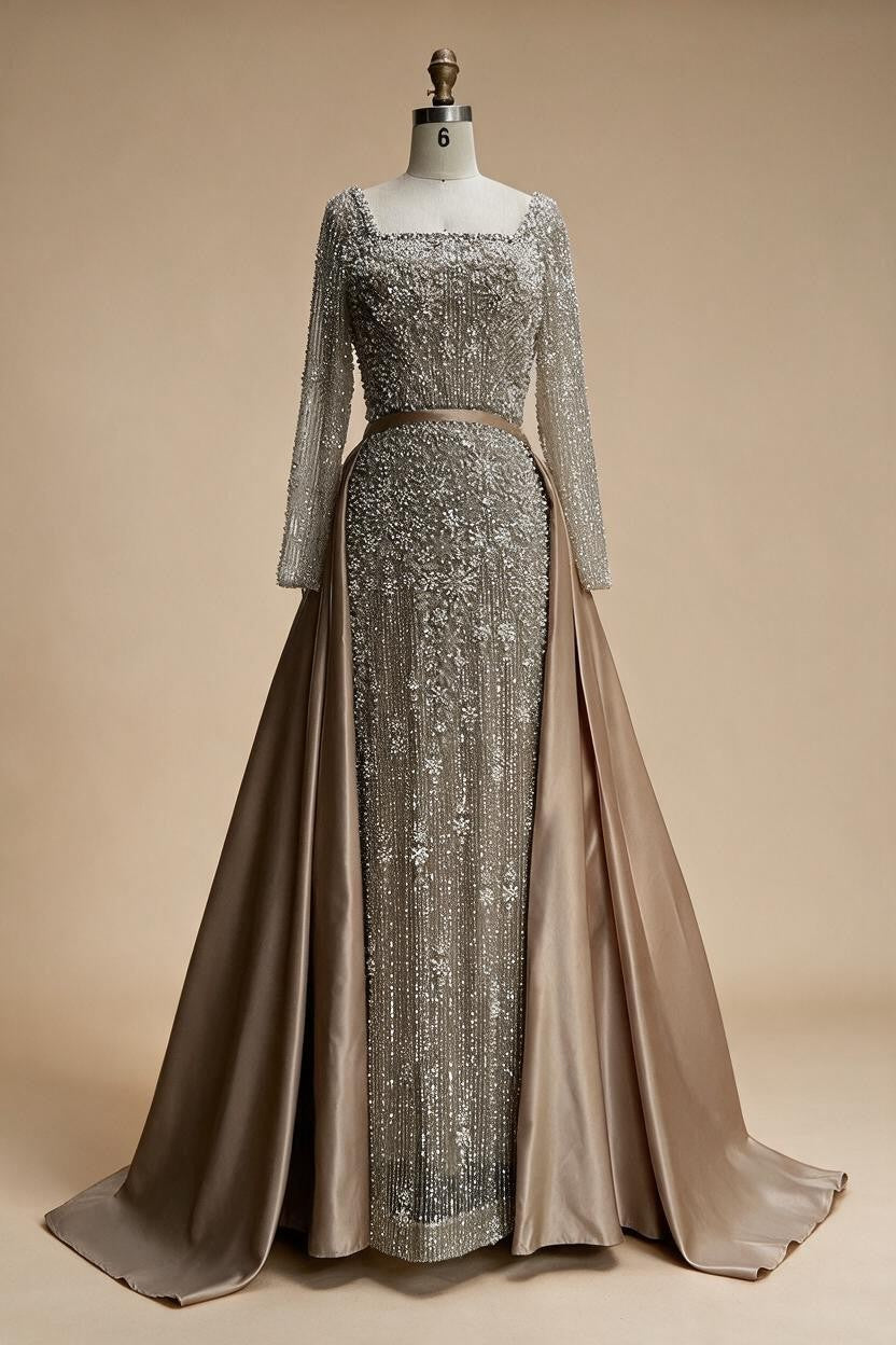 Turquoise Square Collar Mermaid Beaded Evening Dress Overskirt Party Gowns with Long Sleeves Customized DLA72533A | Nightbubo