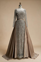 Turquoise Square Collar Mermaid Beaded Evening Dress Overskirt Party Gowns with Long Sleeves Customized DLA72533A | Nightbubo