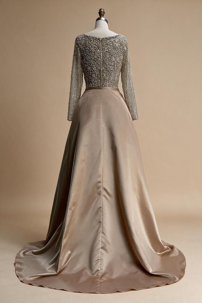 Turquoise Square Collar Mermaid Beaded Evening Dress Overskirt Party Gowns with Long Sleeves Customized DLA72533A | Nightbubo