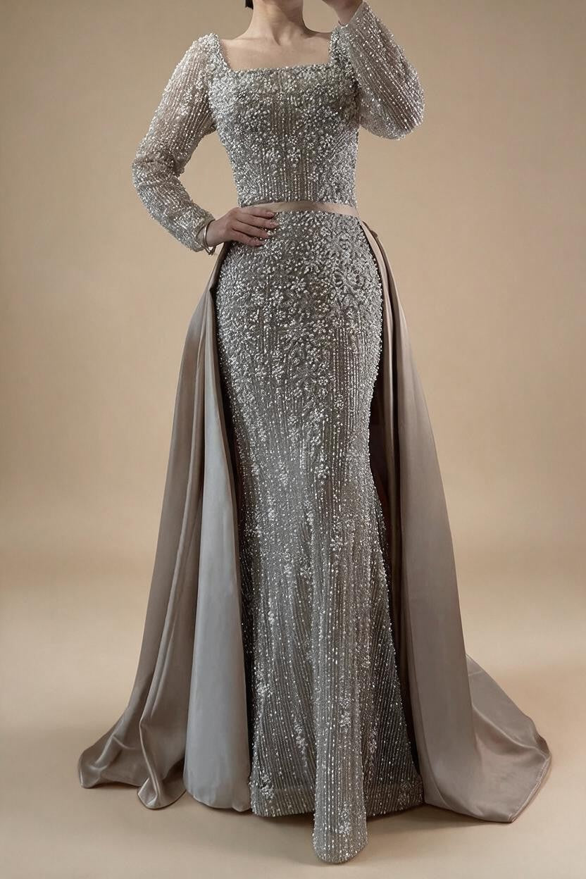 Turquoise Square Collar Mermaid Beaded Evening Dress Overskirt Party Gowns with Long Sleeves Customized DLA72533A | Nightbubo