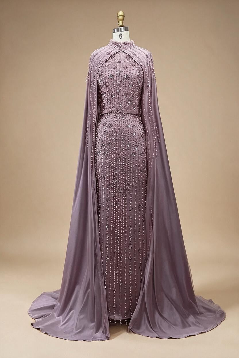 Pink Long Sleeves High Neck Muslim Mermaid Beaded Evening Party Gown Dress with Cape for Women DLA72533 Customized | Nightbubo