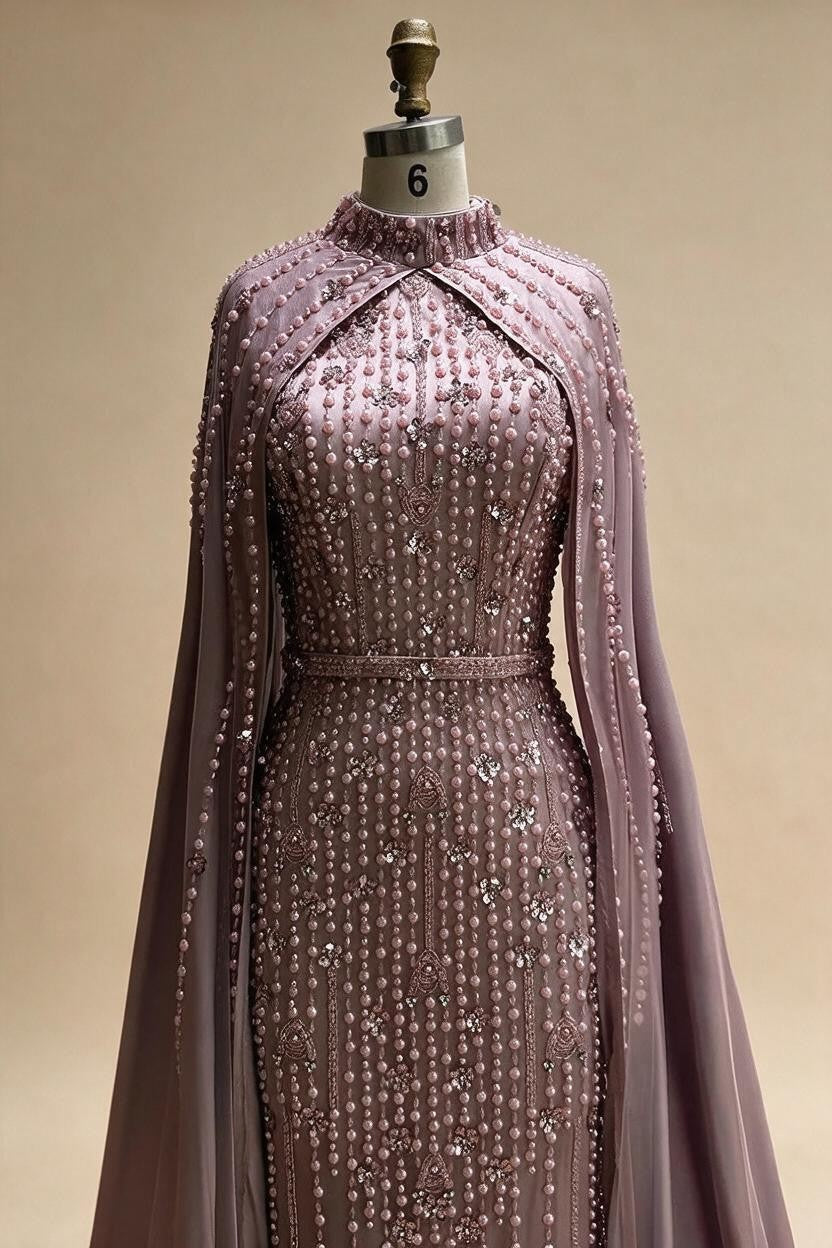 Pink Long Sleeves High Neck Muslim Mermaid Beaded Evening Party Gown Dress with Cape for Women DLA72533 Customized | Nightbubo