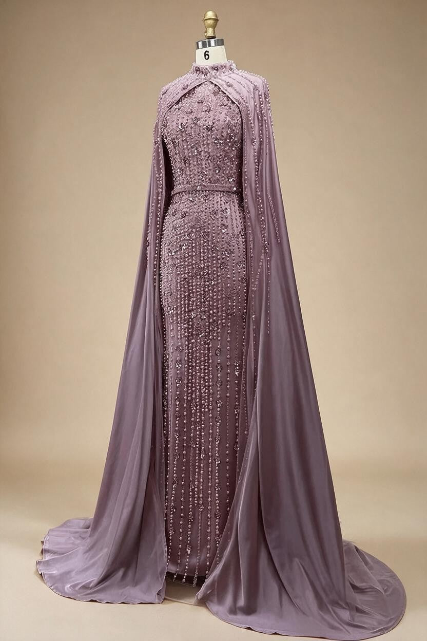 Pink Long Sleeves High Neck Muslim Mermaid Beaded Evening Party Gown Dress with Cape for Women DLA72533 Customized | Nightbubo