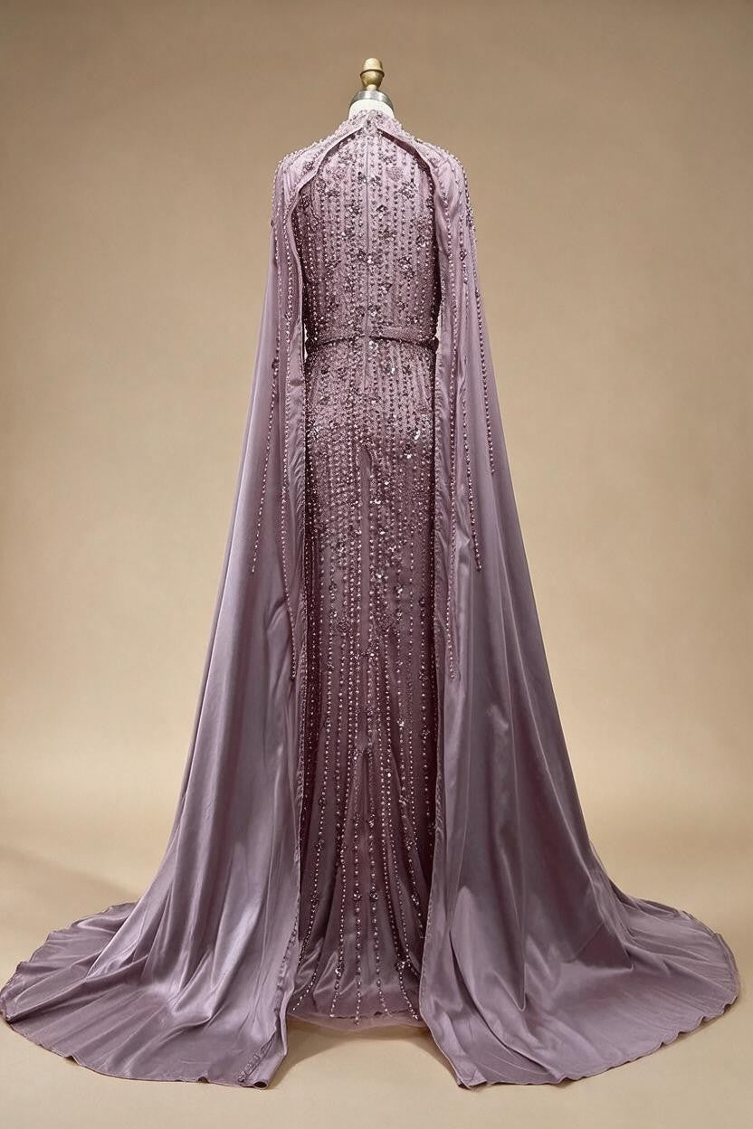 Pink Long Sleeves High Neck Muslim Mermaid Beaded Evening Party Gown Dress with Cape for Women DLA72533 Customized | Nightbubo