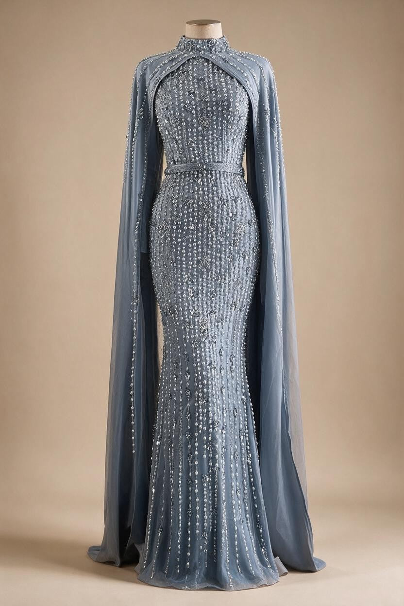 Pink Long Sleeves High Neck Muslim Mermaid Beaded Evening Party Gown Dress with Cape for Women DLA72533 Customized | Nightbubo