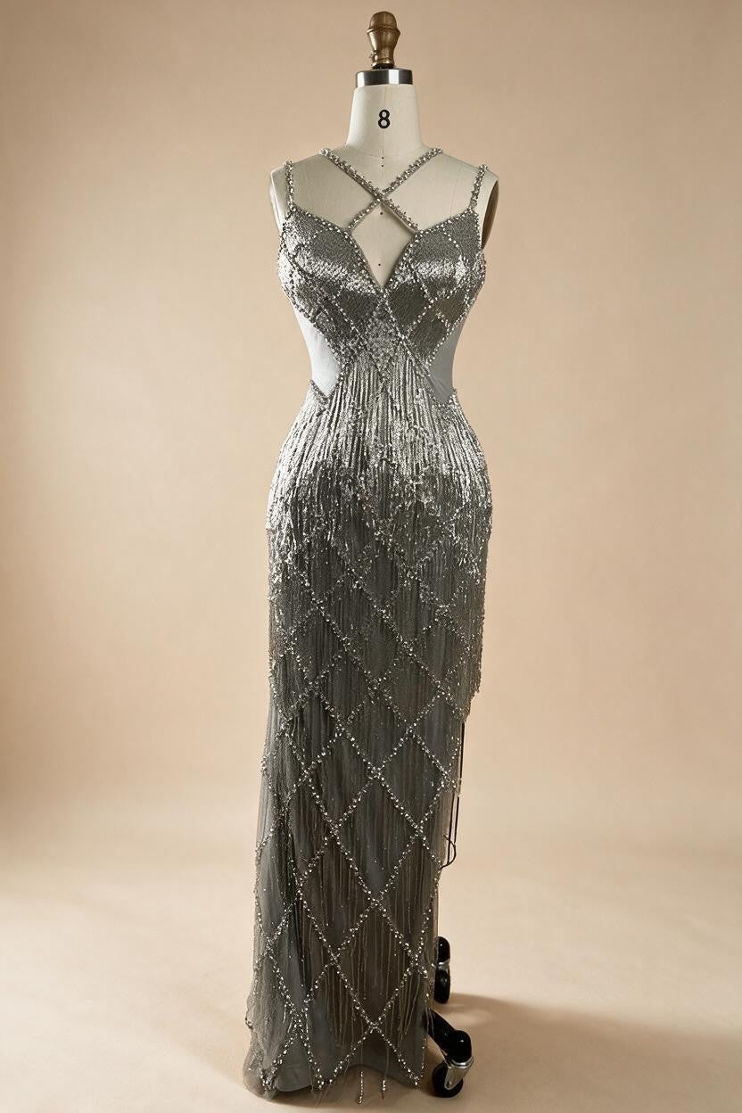 Silver Mermaid Gold Evening Gowns Luxury Beaded Tassel Spaghetti Strap Party Dresses For Women DLA72280 Customized | Nightbubo