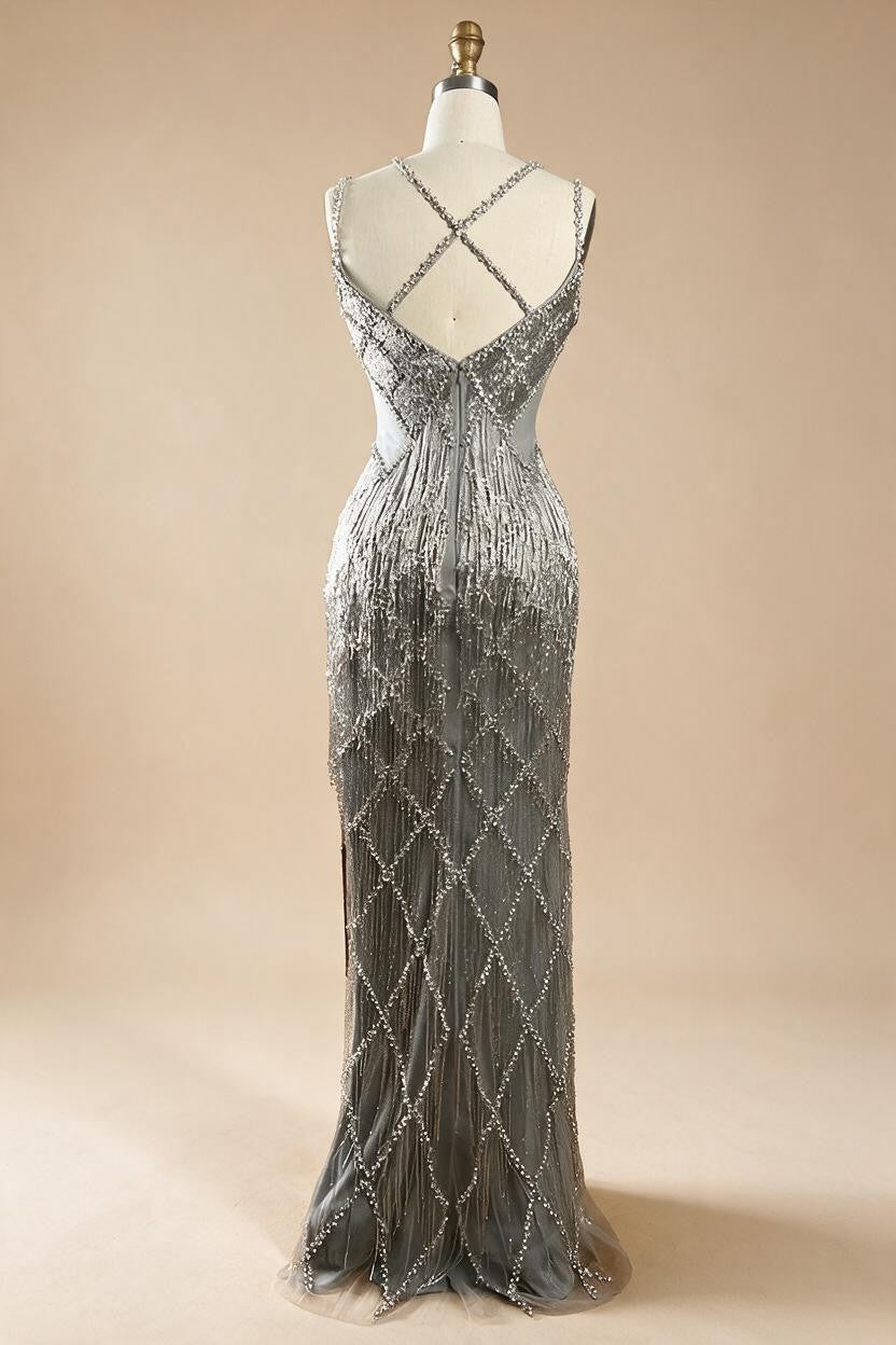 Silver Mermaid Gold Evening Gowns Luxury Beaded Tassel Spaghetti Strap Party Dresses For Women DLA72280 Customized | Nightbubo