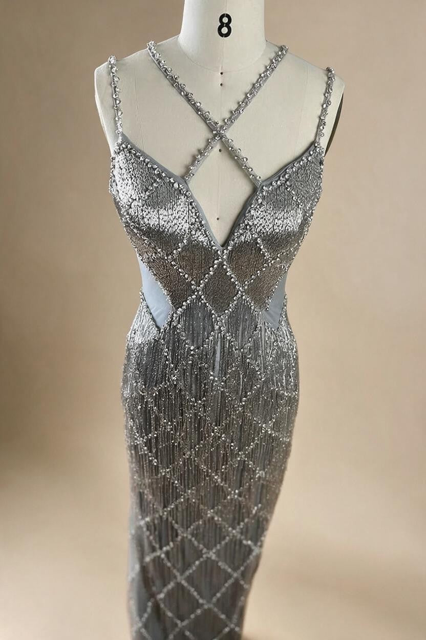Silver Mermaid Gold Evening Gowns Luxury Beaded Tassel Spaghetti Strap Party Dresses For Women DLA72280 Customized | Nightbubo
