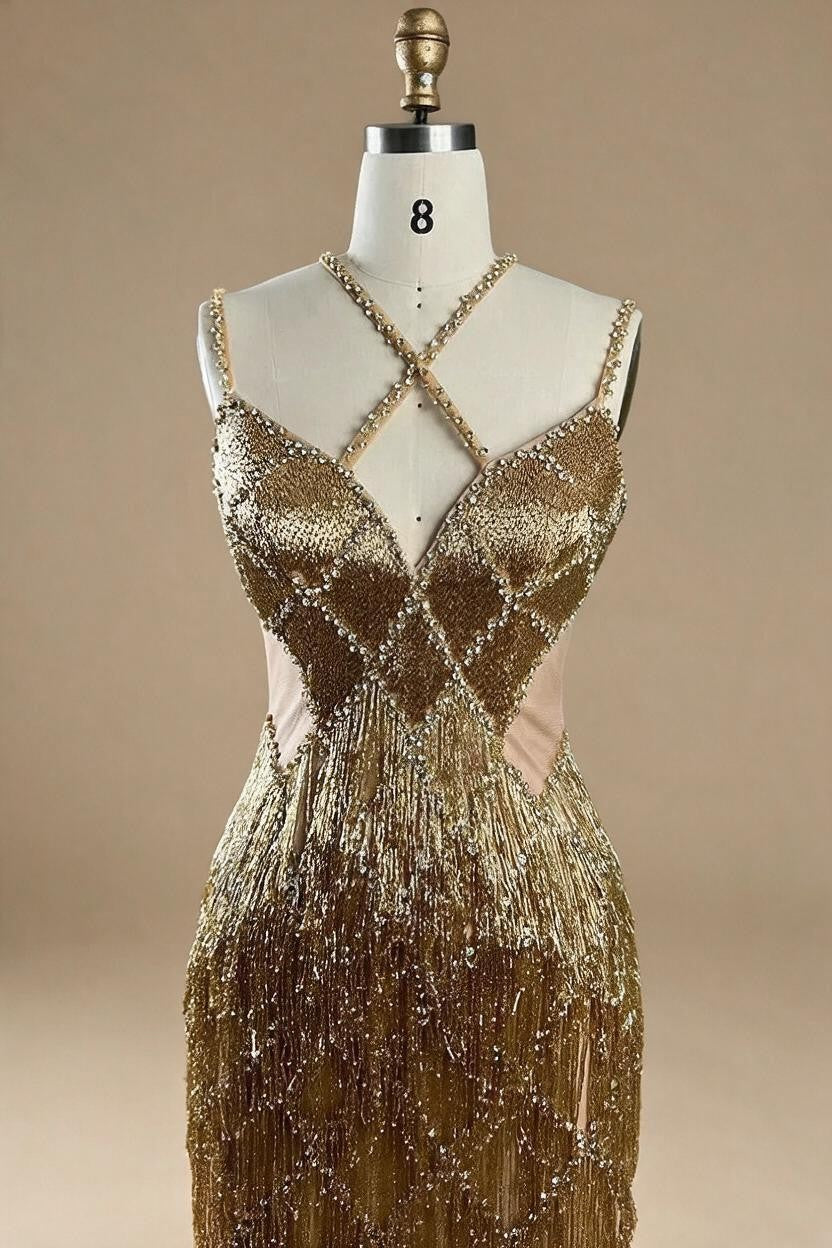 Silver Mermaid Gold Evening Gowns Luxury Beaded Tassel Spaghetti Strap Party Dresses For Women DLA72280 Customized | Nightbubo