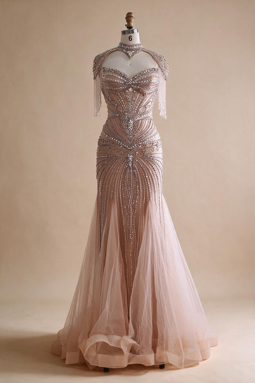 Nude Luxury Beaded Evening Dress with Tassel Wedding Party Gowns for Women DLA72897B Customized | Nightbubo