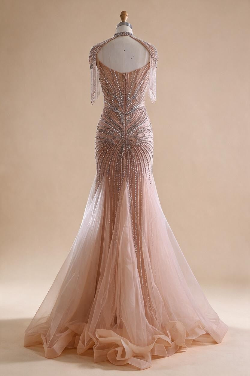 Nude Luxury Beaded Evening Dress with Tassel Wedding Party Gowns for Women DLA72897B Customized | Nightbubo