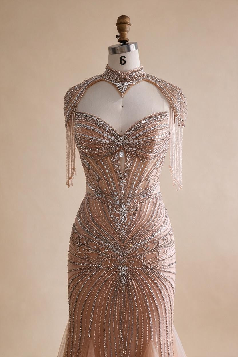 Nude Luxury Beaded Evening Dress with Tassel Wedding Party Gowns for Women DLA72897B Customized | Nightbubo