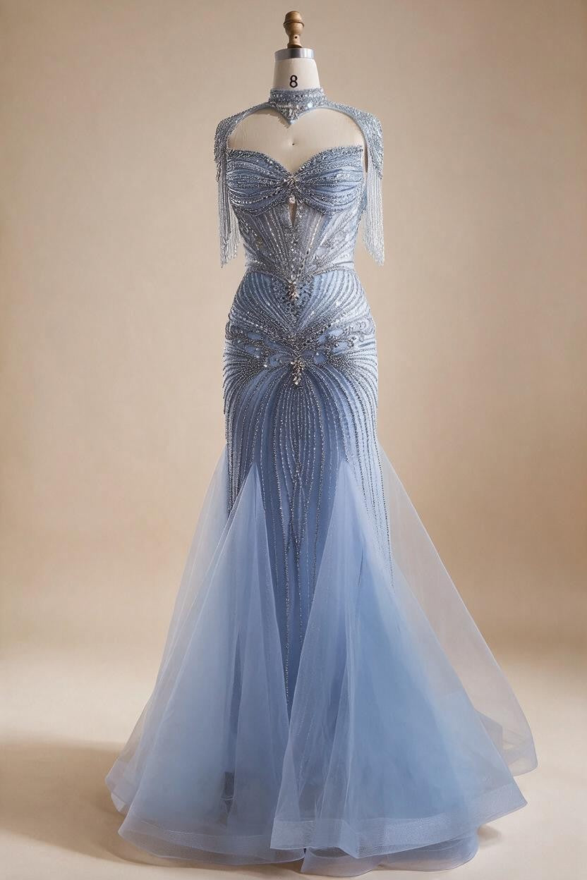 Nude Luxury Beaded Evening Dress with Tassel Wedding Party Gowns for Women DLA72897B Customized | Nightbubo