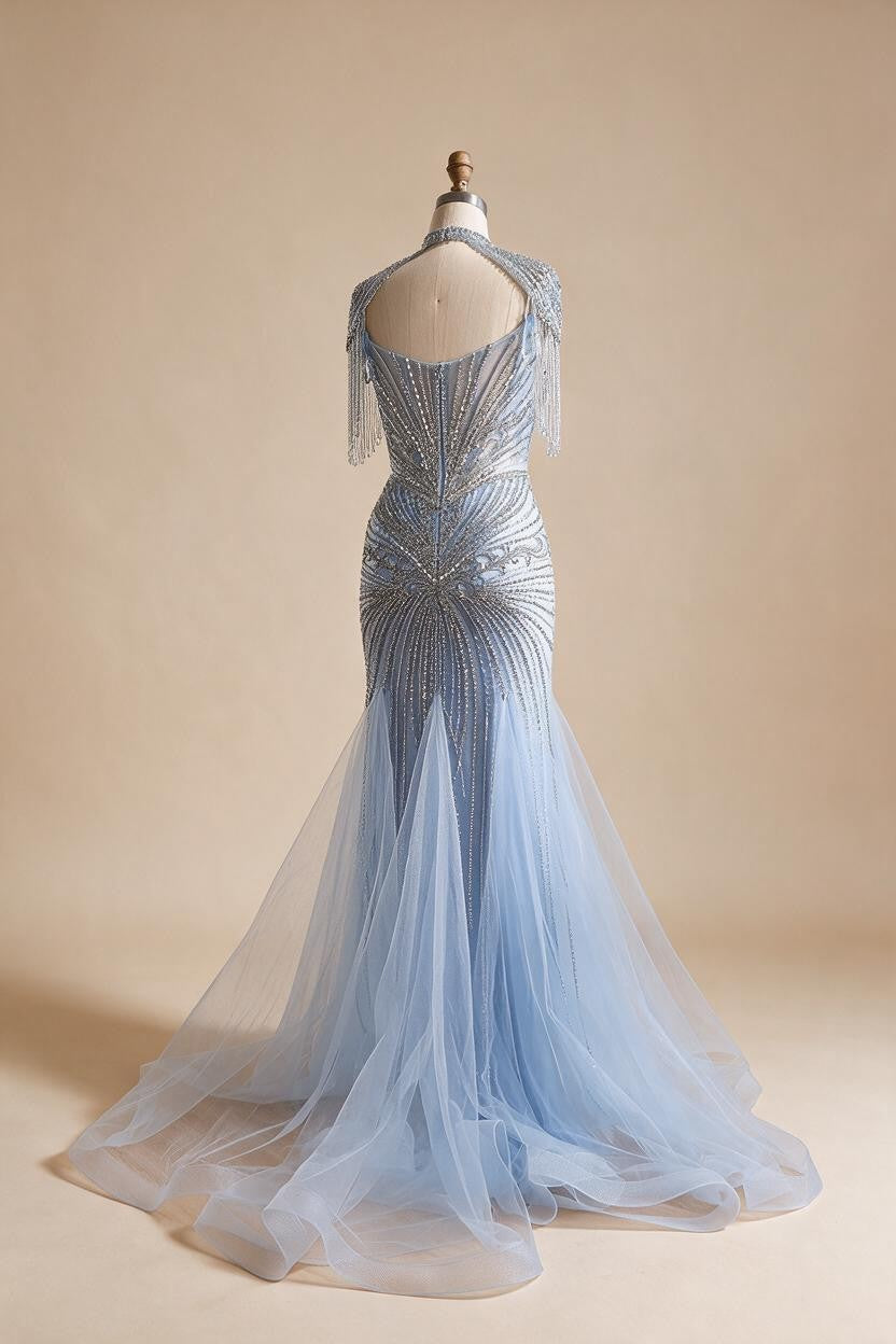 Nude Luxury Beaded Evening Dress with Tassel Wedding Party Gowns for Women DLA72897B Customized | Nightbubo
