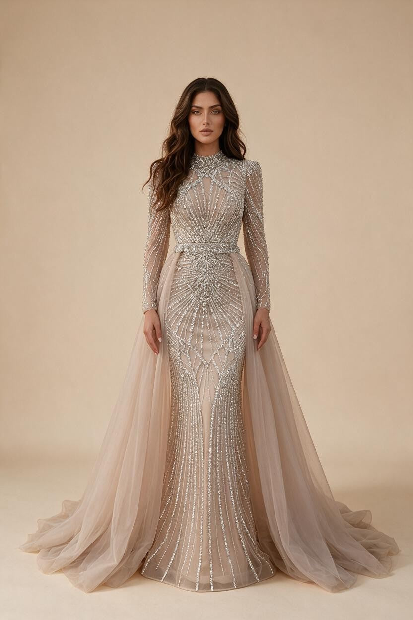 Nude Muslim High Neck Mermaid Evening Gowns 2026 Long Sleeves Overskirt Party Dress for Women DLA73203A Customized | Nightbubo