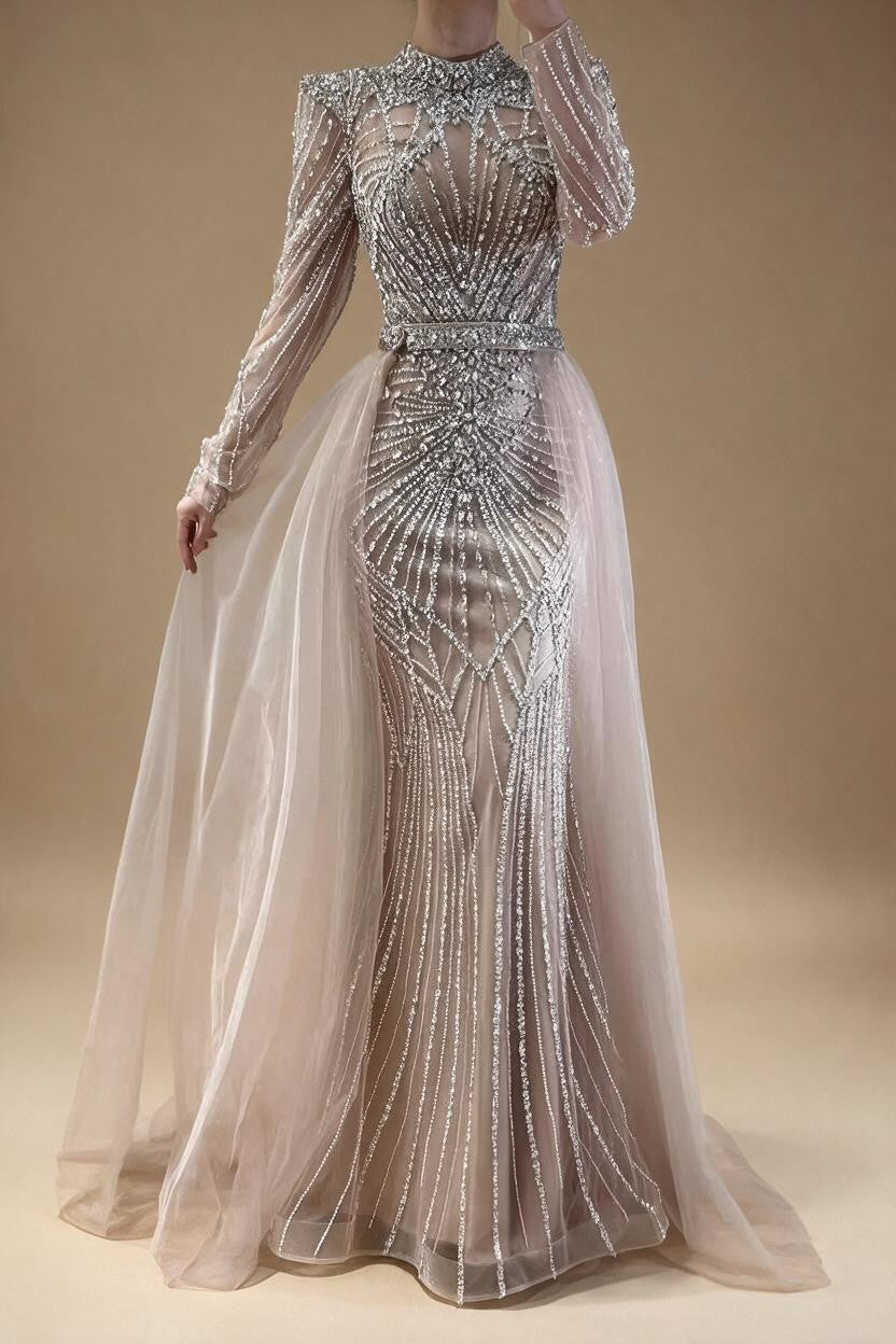 Nude Muslim High Neck Mermaid Evening Gowns 2026 Long Sleeves Overskirt Party Dress for Women DLA73203A Customized | Nightbubo