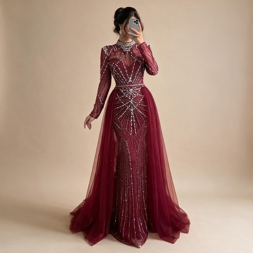 Nude Muslim High Neck Mermaid Evening Gowns 2026 Long Sleeves Overskirt Party Dress for Women DLA73203A Customized | Nightbubo