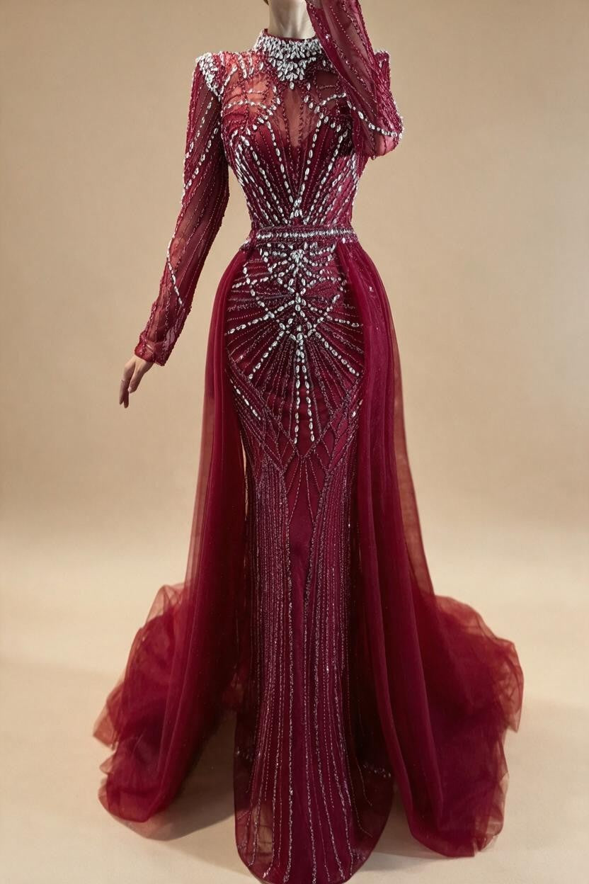 Nude Muslim High Neck Mermaid Evening Gowns 2026 Long Sleeves Overskirt Party Dress for Women DLA73203A Customized | Nightbubo