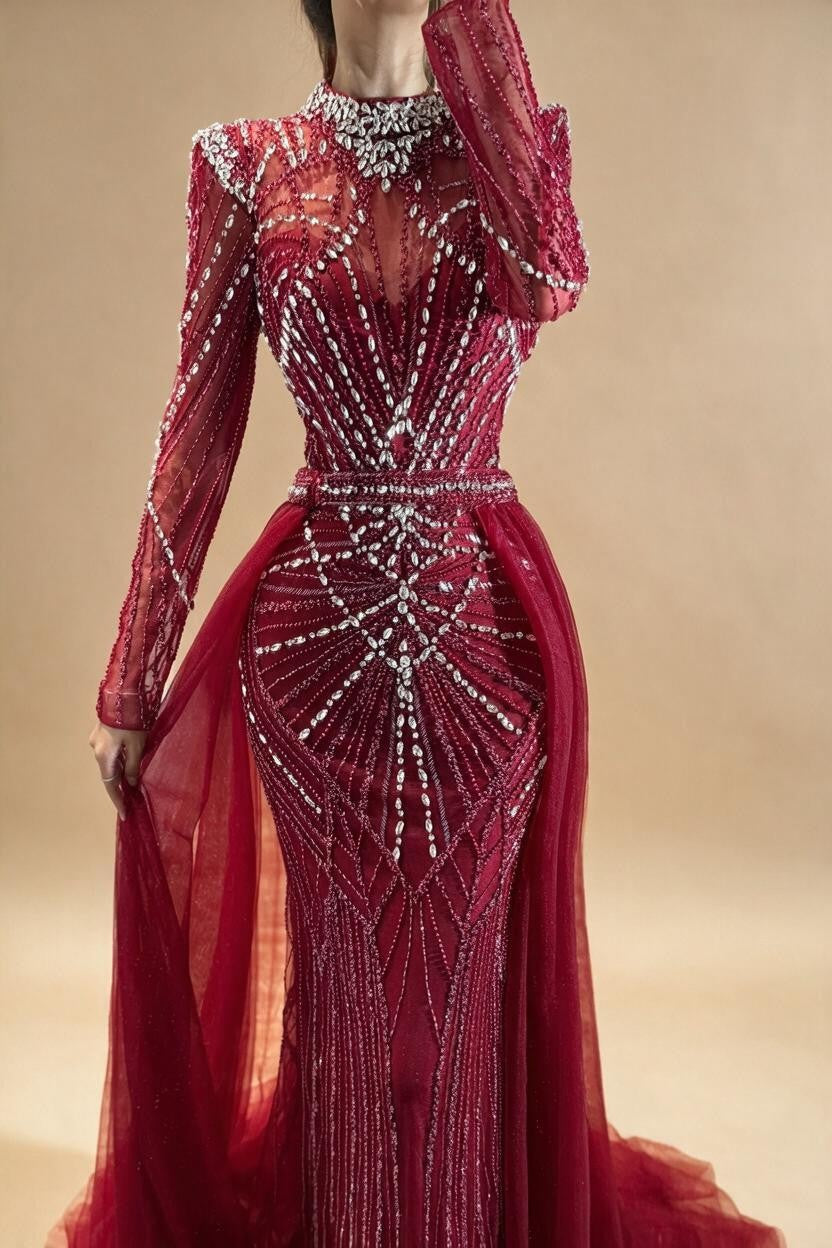 Nude Muslim High Neck Mermaid Evening Gowns 2026 Long Sleeves Overskirt Party Dress for Women DLA73203A Customized | Nightbubo