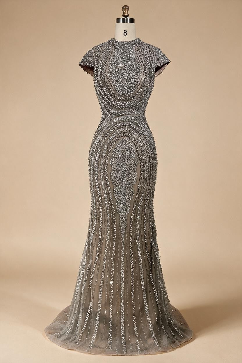Gray Nude Cap Sleeves Mermaid Beaded Luxury Evening Dresses Formal Party Gowns for Women DLA72344 Customized | Nightbubo