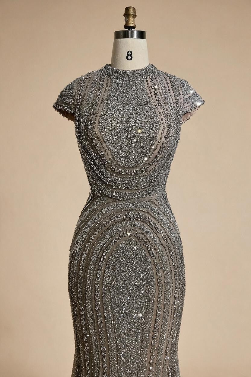Gray Nude Cap Sleeves Mermaid Beaded Luxury Evening Dresses Formal Party Gowns for Women DLA72344 Customized | Nightbubo