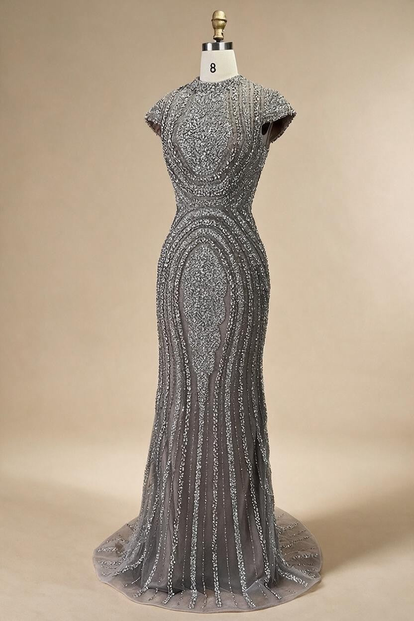 Gray Nude Cap Sleeves Mermaid Beaded Luxury Evening Dresses Formal Party Gowns for Women DLA72344 Customized | Nightbubo