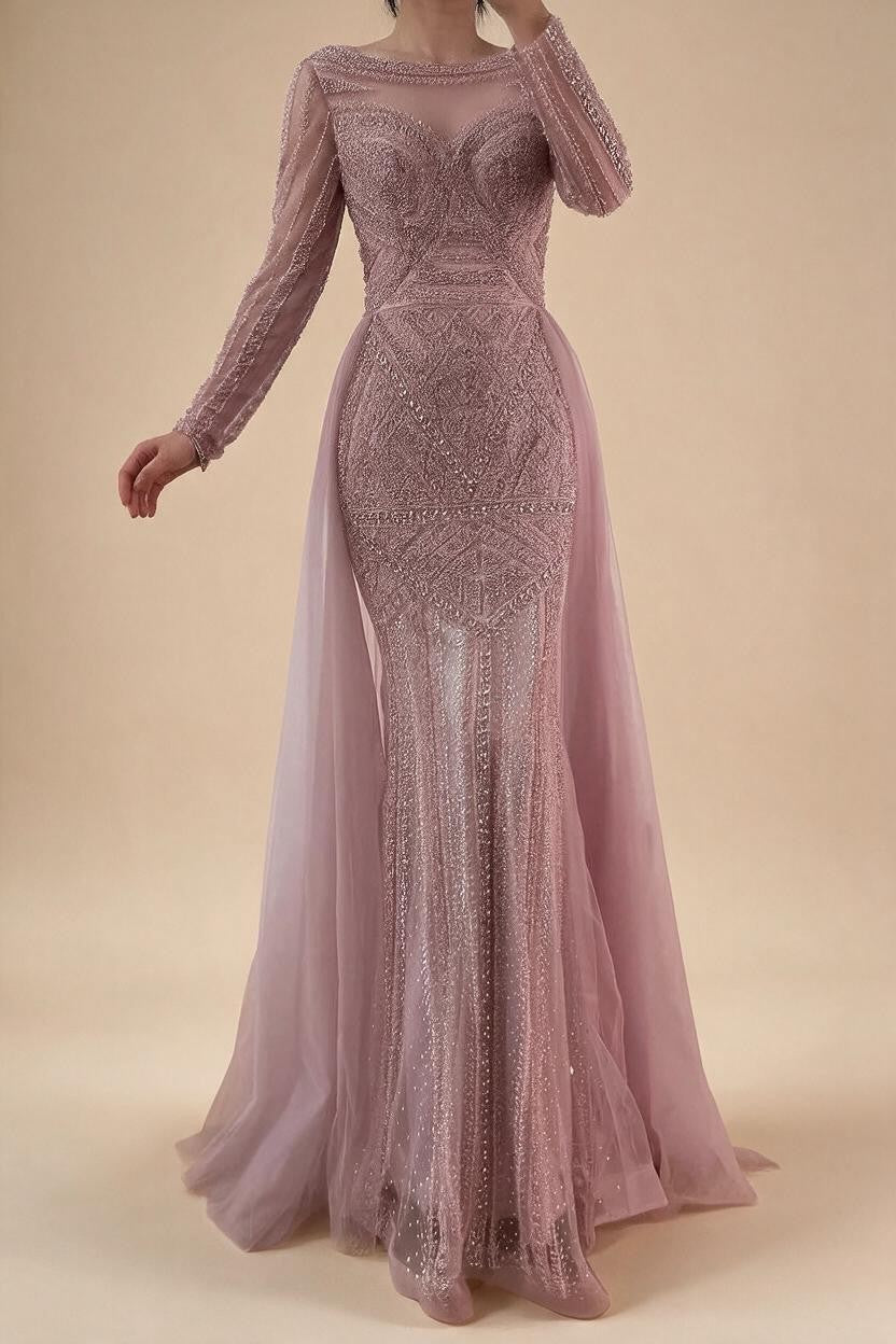 Pink Long Sleeves Mermaid Beaded Evening Dress Formal Party Gowns for Women DLA72967 Customized | Nightbubo