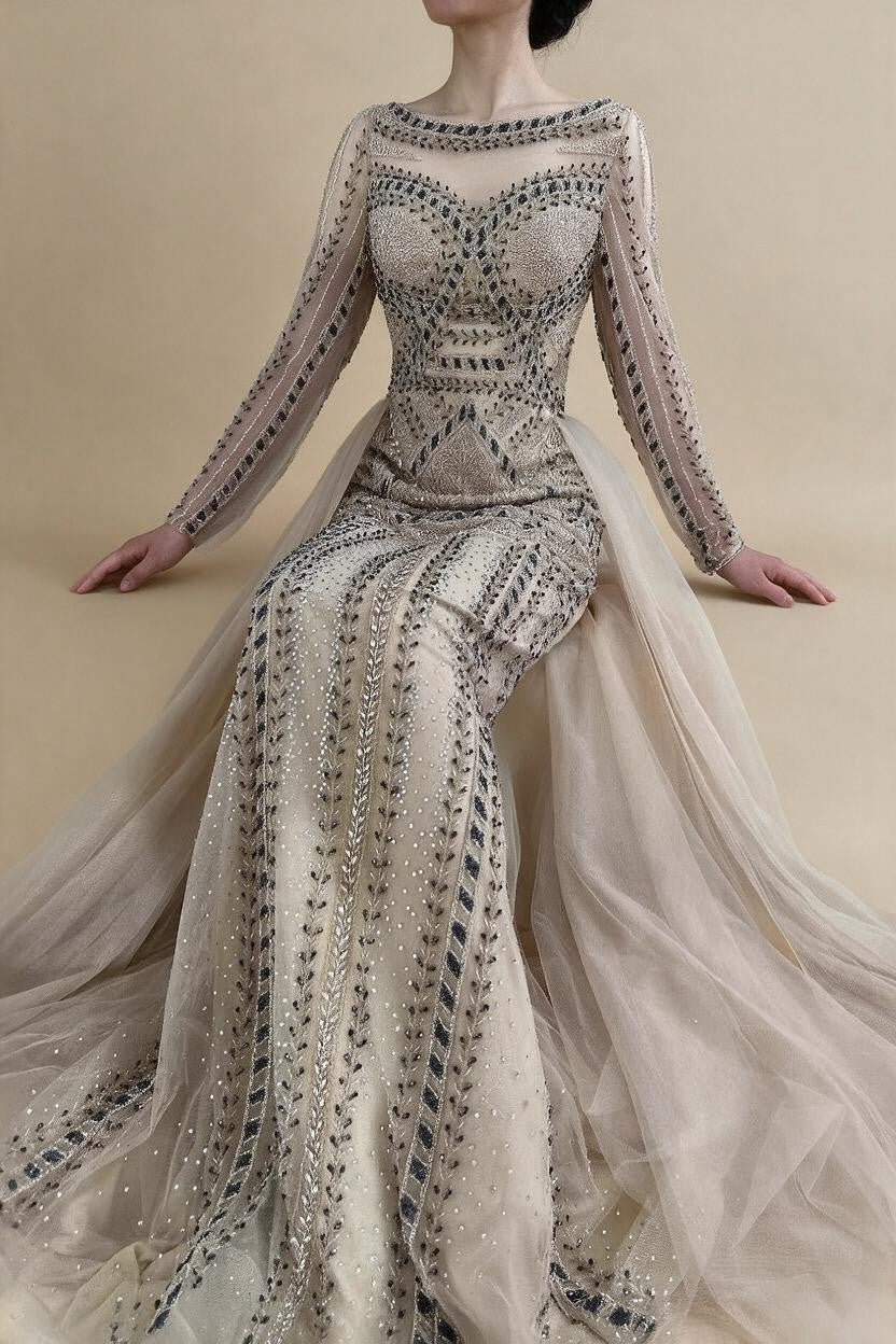 Pink Long Sleeves Mermaid Beaded Evening Dress Formal Party Gowns for Women DLA72967 Customized | Nightbubo