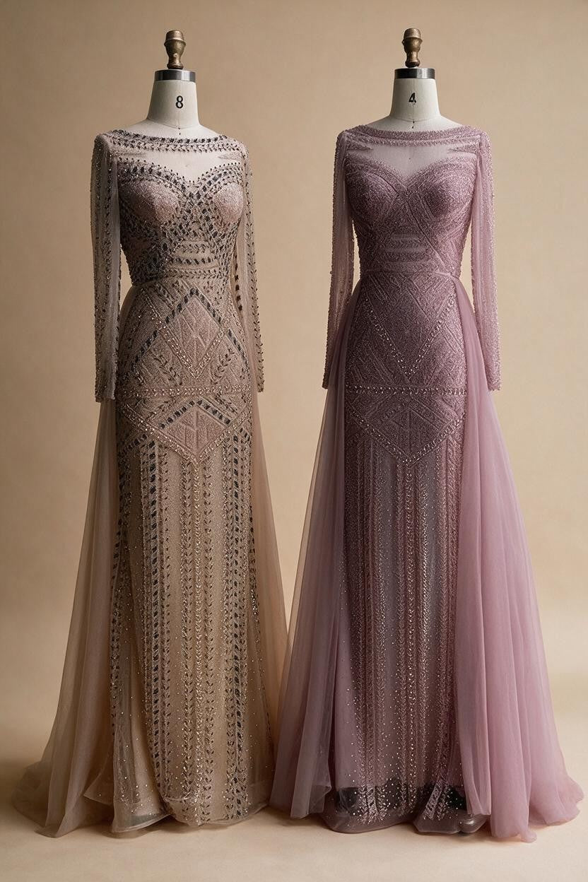 Pink Long Sleeves Mermaid Beaded Evening Dress Formal Party Gowns for Women DLA72967 Customized | Nightbubo