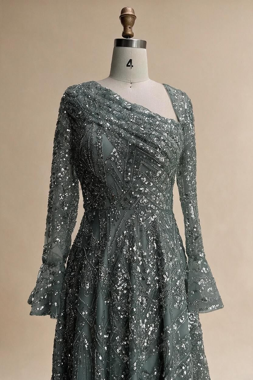 Turquoise Long Sleeves A Line Pearls Beaded Evening Dresses Elegant Party Gowns for Women DLA73177 Customized | Nightbubo
