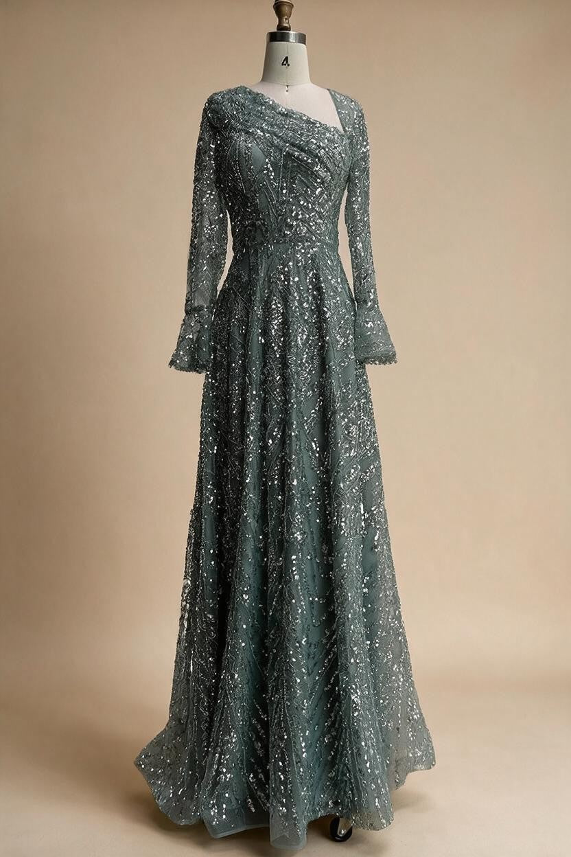 Turquoise Long Sleeves A Line Pearls Beaded Evening Dresses Elegant Party Gowns for Women DLA73177 Customized | Nightbubo