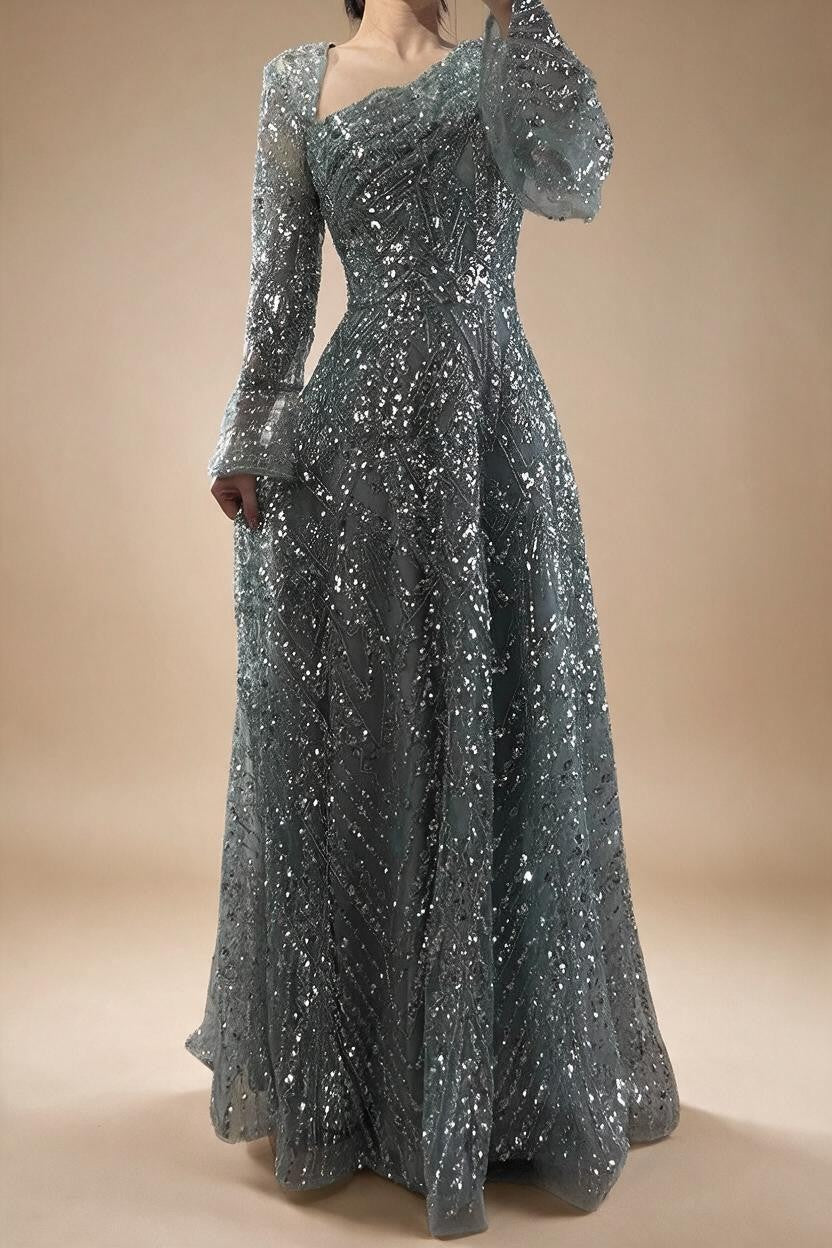 Turquoise Long Sleeves A Line Pearls Beaded Evening Dresses Elegant Party Gowns for Women DLA73177 Customized | Nightbubo