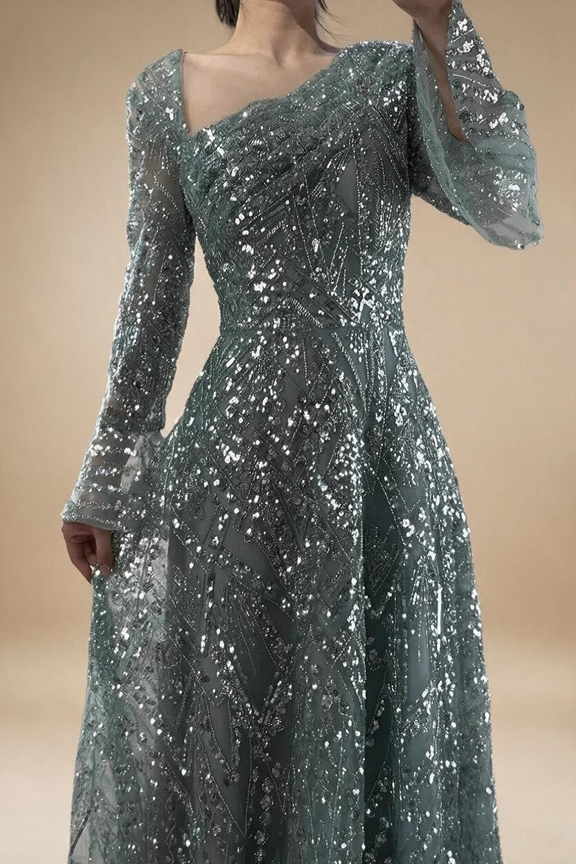 Turquoise Long Sleeves A Line Pearls Beaded Evening Dresses Elegant Party Gowns for Women DLA73177 Customized | Nightbubo