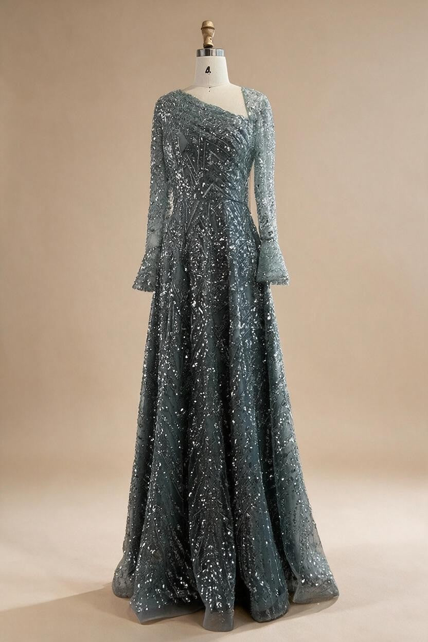 Turquoise Long Sleeves A Line Pearls Beaded Evening Dresses Elegant Party Gowns for Women DLA73177 Customized | Nightbubo