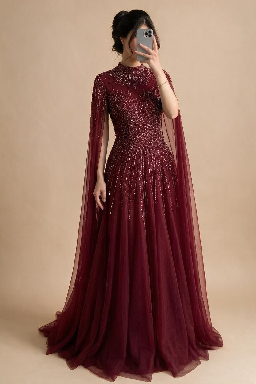 Burgundy High Neck Cape Sleeve A-line Evening Dress Elegant Party Gown for Women 2026 Customized DLA72386A | Nightbubo