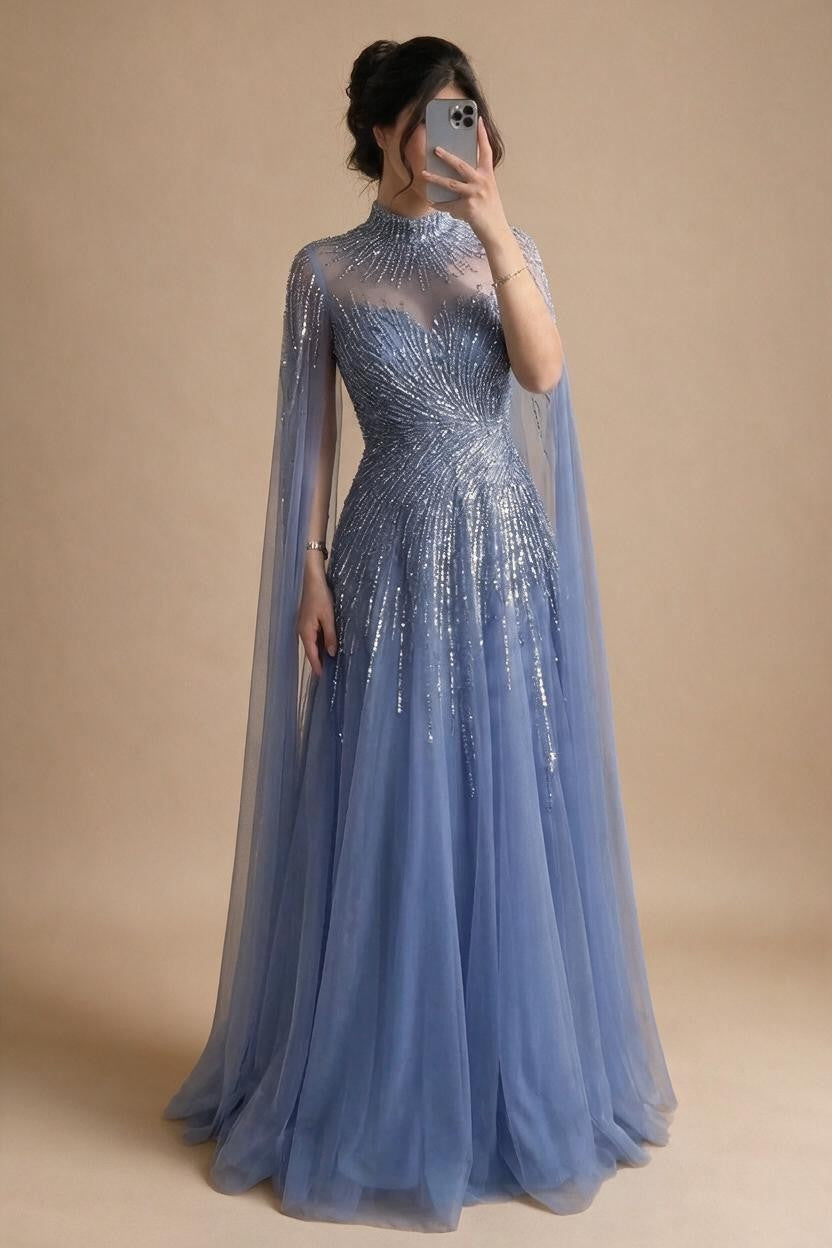 Burgundy High Neck Cape Sleeve A-line Evening Dress Elegant Party Gown for Women 2026 Customized DLA72386A | Nightbubo